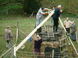 Club members erecting the winch headframe over Chapel shaft (Kelvin Lake)